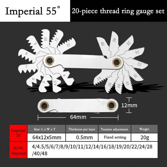 INF 20-Piece Thread Pitch Gauge Set, 55° Imperial Screw Thread Measuring